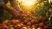 Farmer hands harvesting fresh ripe tomatoes from garden plants during golden hour sunset. Organic agriculture and sustainable farming concept.