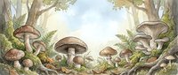 Watercolor forest floor scene with various mushrooms and fungi growing among ferns and moss under tall trees. Nature illustration for botanical education.