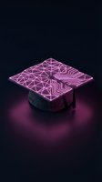 Futuristic graduation cap with glowing pink neon geometric patterns on dark background representing digital education and technology learning achievement.