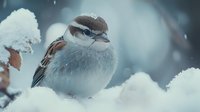 Small sparrow perched on snow covered branch in winter, soft blue bokeh background creates dreamy atmosphere, wildlife nature photography in cold season.