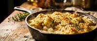 Golden baked cauliflower gratin with herbs and breadcrumbs in cast iron skillet on rustic wooden table with cooking ingredients and utensils in background.