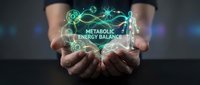 Hands presenting glowing metabolic energy balance concept with digital holographic interface and molecular structures for healthcare and wellness applications.