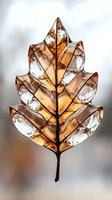 Frozen autumn oak leaf encased in clear ice with golden sunlight shining through, creating a crystalline pattern of nature preserved in winter's embrace.