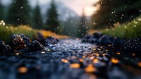 Raindrops splashing on dark wet surface with golden bokeh lights at sunset, close up macro view creating magical atmosphere in nature setting.
