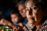 Middle-aged Hispanic woman with thoughtful expression at family dinner table, soft natural lighting creates dramatic shadows highlighting emotional depth and cultural connection.