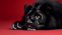 Majestic black panther with piercing yellow eyes lying down against dramatic red background, powerful wild cat portrait for luxury branding and wildlife themes.