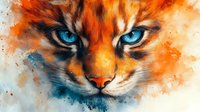 Fierce blue-eyed tiger face in vibrant orange and turquoise watercolor style with dramatic splatter effects and intense gaze against light background for wall art.