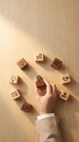 Business hand selecting wooden cube with human icon from various business symbols on wood surface for HR and leadership concepts.