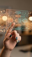 Female hand touching futuristic holographic interface with glowing circuit board pattern and digital network connections for technology concepts.