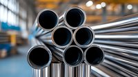 Industrial metal pipes stacked in warehouse, close-up view showing circular ends of stainless steel tubing with blurred manufacturing facility background.