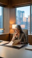 Mature businesswoman reading documents in modern office with city view during evening hours for corporate and professional work concepts.