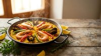 Traditional Spanish paella with saffron rice, prawns and mussels in authentic pan on rustic wooden table. Culinary seafood dish for restaurant menu design.