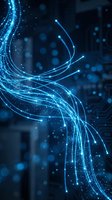 Abstract blue glowing fiber optic lines with particles flowing across dark tech background. Use for technology, digital transformation, networking, data communication, and innovation concepts.