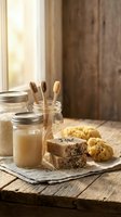 Eco-friendly bathroom essentials with bamboo toothbrushes, natural soap bars, and organic skincare products on rustic wooden table for sustainable living.