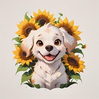 Cheerful white puppy surrounded by bright sunflowers, smiling with tongue out. Cute cartoon style illustration with warm yellow and green floral arrangement.