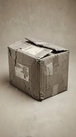Damaged cardboard shipping box with torn tape and worn edges on neutral background for delivery and logistics concepts.
