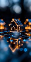 Glowing neon house outline with reflection on dark surface, orange and blue bokeh lights creating magical atmosphere for real estate and smart home concepts.
