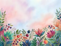 Watercolor floral border with colorful flowers, berries, and leaves on a soft pastel background, perfect for greeting cards and invitations.