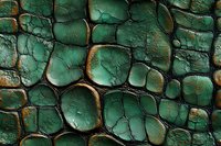 Macro view of emerald green cracked texture with dark crevices and organic cellular pattern resembling reptile skin or dried mud surface. Natural abstract background.