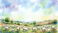 Flock of sheep grazing in rolling pastoral countryside landscape with wildflowers, green fields, and distant hills under soft watercolor sky for agricultural and rural design projects.