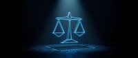 Glowing blue scales of justice symbol with digital grid pattern on dark background for legal technology and law firm branding concepts.