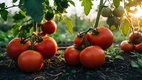 Fresh ripe red tomatoes growing on vine in organic garden with warm sunlight filtering through green leaves creating natural farming atmosphere.