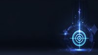 Futuristic digital target with glowing blue circles and light effects on dark technology background for business presentations and tech designs.