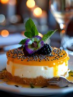 Gourmet cheesecake topped with caramel sauce, poppy seeds, fresh blackberry and edible purple flower garnish on white plate against soft bokeh restaurant lighting.
