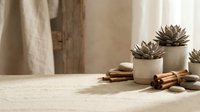 Small succulent plants in white ceramic pots with cinnamon sticks and natural decorative elements on wooden surface creating cozy home decor arrangement.