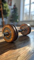 Old rusty dumbbell on wooden floor in sunlight, showing vintage fitness equipment with worn metal plates and textured grip, dramatic lighting creates shadows.