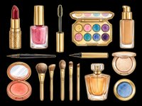 Cosmetic makeup collection with lipstick, nail polish, mascara, eyeshadow palette, foundation, eyeliner, brushes, blush, perfume and powder isolated on transparent background. Ready for design use on t-shirts, clipart, stickers and print-on-demand products.