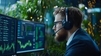 Caucasian male trader with headset analyzing financial market data on multiple screens in modern office with lush green plants in background.