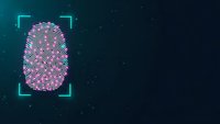 Digital fingerprint scan with neon glowing lines on dark background for cybersecurity and biometric authentication technology concepts.