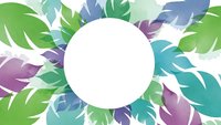 Tropical leaves frame with white circle space for text. Colorful foliage border in green, blue and purple tones isolated on transparent background.