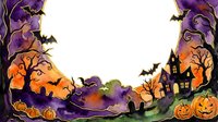 Halloween watercolor frame with spooky haunted house, flying bats, pumpkins and autumn trees creating festive border for seasonal designs and invitations.