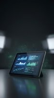 Digital tablet displaying financial analytics dashboard with charts and graphs on dark futuristic background for business intelligence presentations.