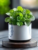 Fresh green peperomia plant with glossy round leaves growing in decorative white and blue ceramic pot placed on wooden coaster, indoor gardening concept.