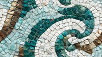 Ancient mosaic pattern in turquoise, white and bronze tones featuring curved wave designs. Detailed ceramic tiles create flowing decorative motif for Mediterranean style art.