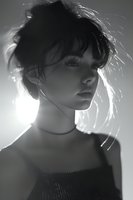 Dramatic black and white portrait of young Asian woman with messy updo hairstyle in backlight creating ethereal glow effect, wearing black top and choker necklace.