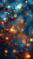 Red winter berries on dark branches with glowing bokeh lights and magical evening atmosphere in blue and orange tones, seasonal nature background.