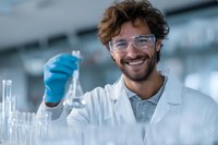 Cheerful scientist in lab coat and safety glasses holding test tube with blue liquid in modern laboratory setting.