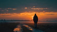 Silhouette of person walking on wet road at sunset with dramatic orange sky and clouds reflecting in puddles creating peaceful solitude scene.