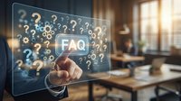 Professional businessman touching FAQ button on transparent digital interface with question marks in modern office environment for customer support solutions.
