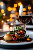 Grilled beef tenderloin steak with roasted potato, microgreens and red wine sauce on white plate against blurred bokeh lights background for fine dining menu.