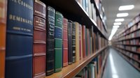 Books arranged on wooden library shelves stretching into distance with dramatic perspective. Row of vintage hardcover volumes in various colors creates scholarly atmosphere.