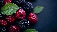 Fresh ripe blackberries and raspberries with green leaves on dark background, macro shot of mixed berries showing detailed texture and natural juiciness.
