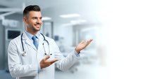 Smiling male doctor in white coat with stethoscope presenting with open hands in modern hospital setting for medical presentations and healthcare marketing.