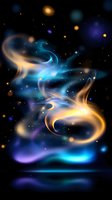 Mystical glowing swirls of blue and golden light dance against dark starry background, creating ethereal aurora-like patterns with luminous energy streams.