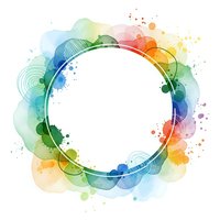 Colorful watercolor circle frame with rainbow splashes and paint drops on white background for creative design projects and artistic presentations.