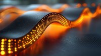 Abstract digital wave with glowing orange light particles flowing over dark textured surface, creating dynamic technology visualization for business or science background.